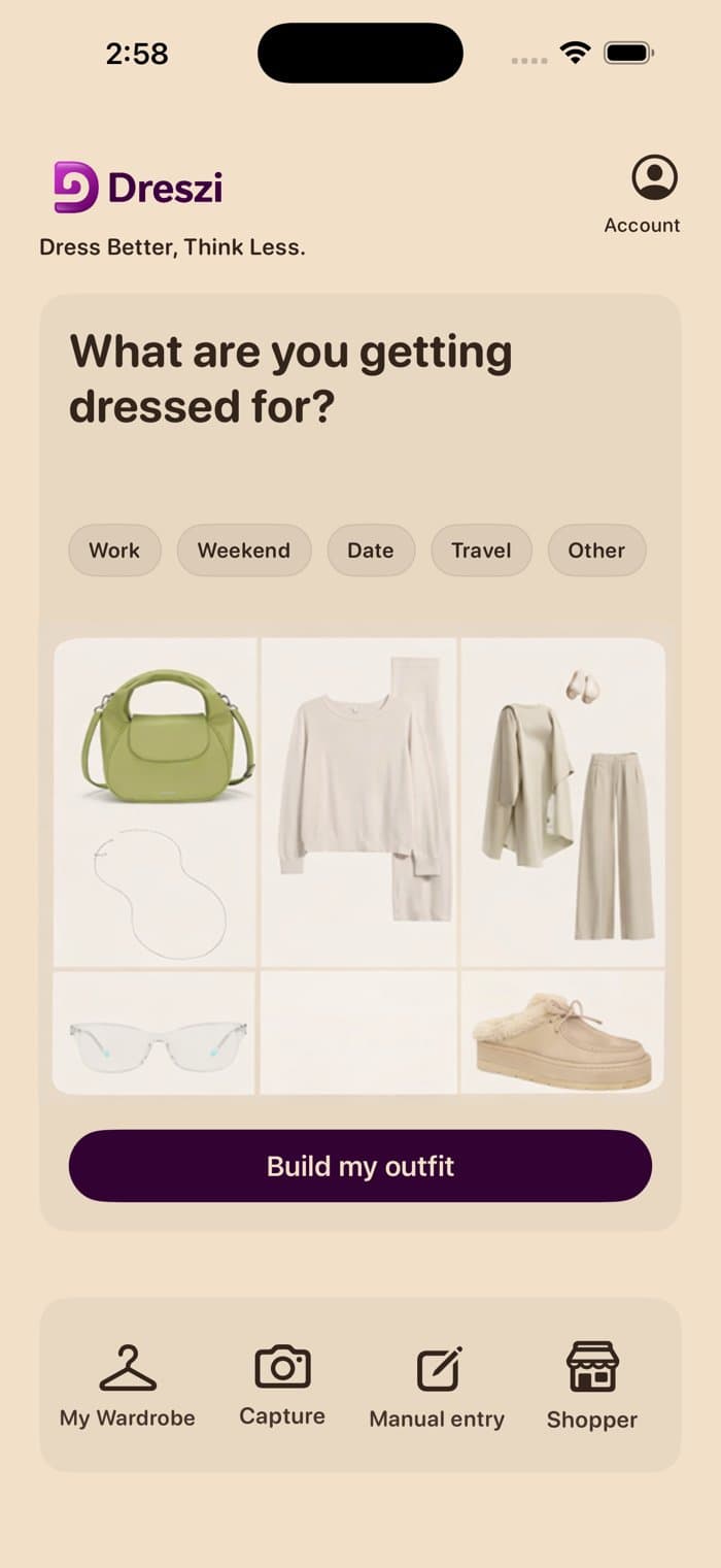 The DRESZI app asking what you are getting dressed for, with a grid of garments